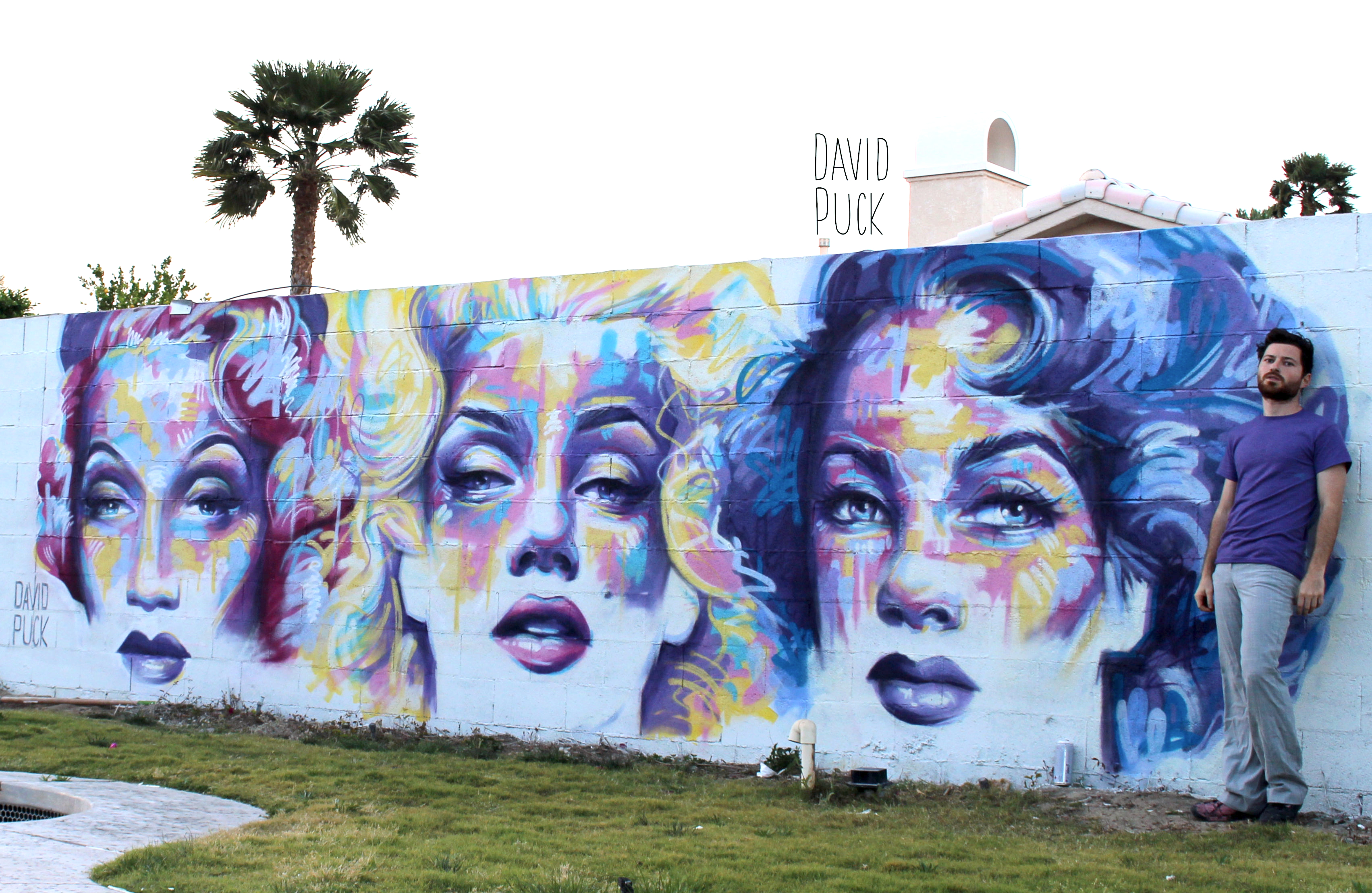 Street art mural in Palm Springs California by David Puck of Marilyn Monroe, Elizabeth Taylor and Marlene Dietrich